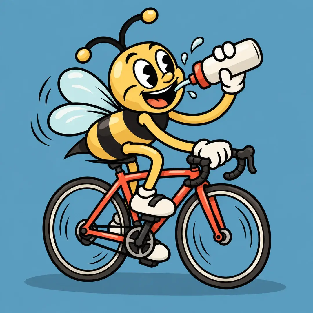 Cartoon bee riding a bike and drinking a homemade sports drink