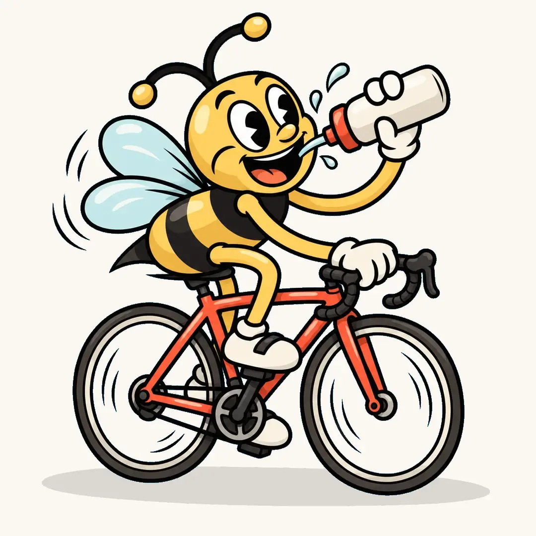 Cartoon bee riding a bike and drinking a homemade sports drink