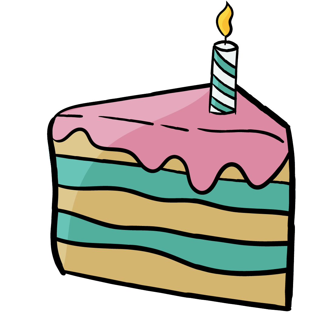 Cartoon slice of layered birthday cake with a candle