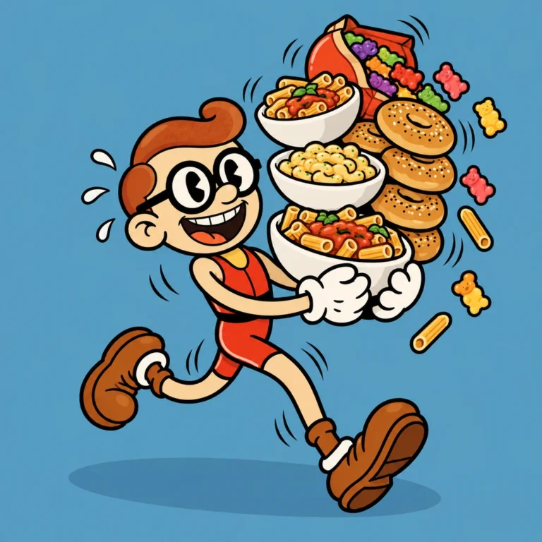 Cartoon runner carrying bowls of pasta, bagels and sweets for carb loading before a marathon
