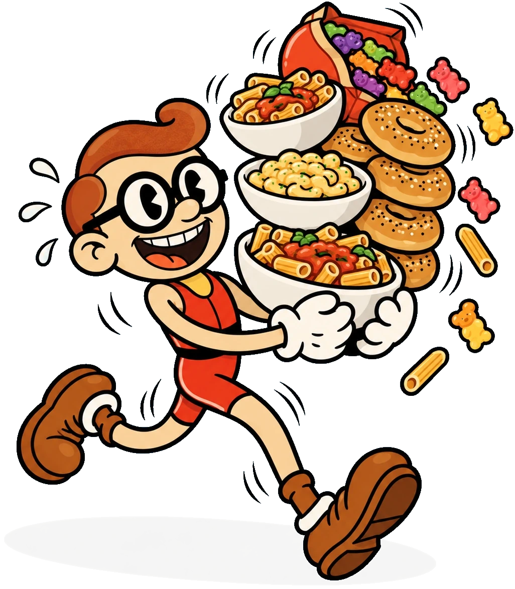 Cartoon runner carrying bowls of pasta, bagels and sweets for carb loading before a marathon