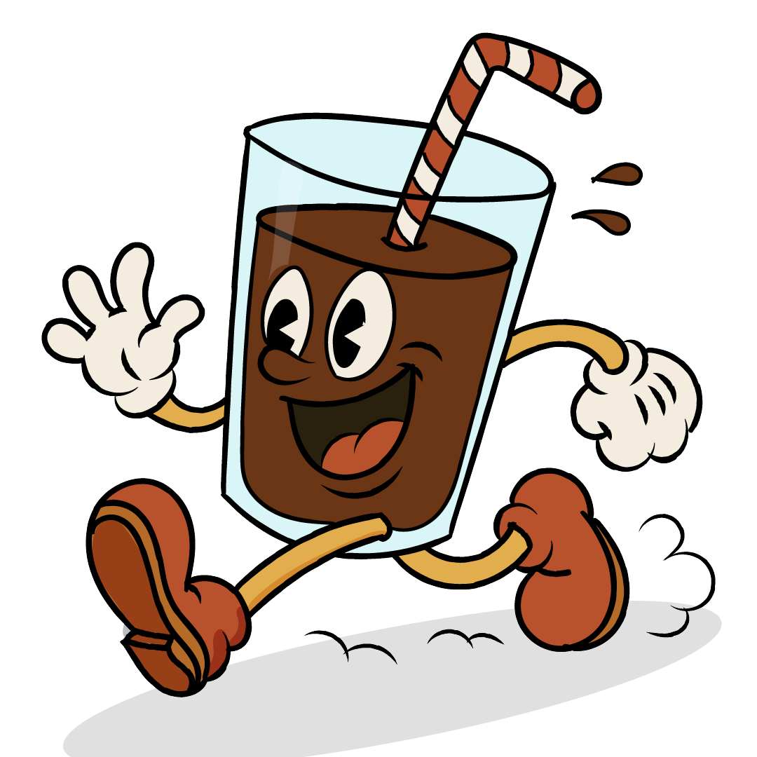 Cartoon glass of chocolate milk running with a straw