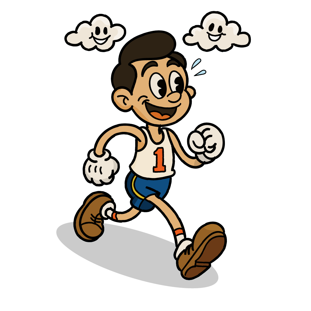Cartoon marathon runner jogging under smiling clouds