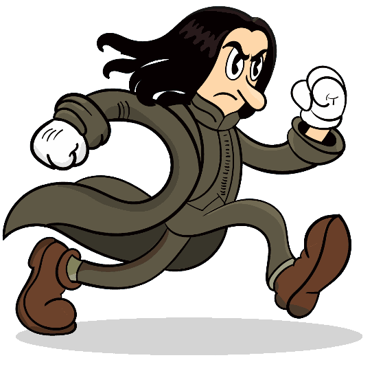 Cartoon of lactate as a grumpy long-haired runner in a dark coat
