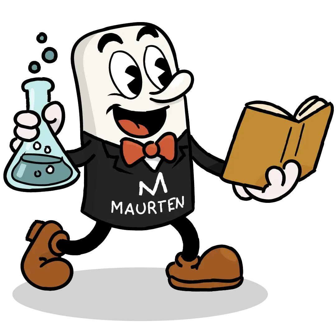 Cartoon Maurten gel dressed as a scientist with a flask and a book