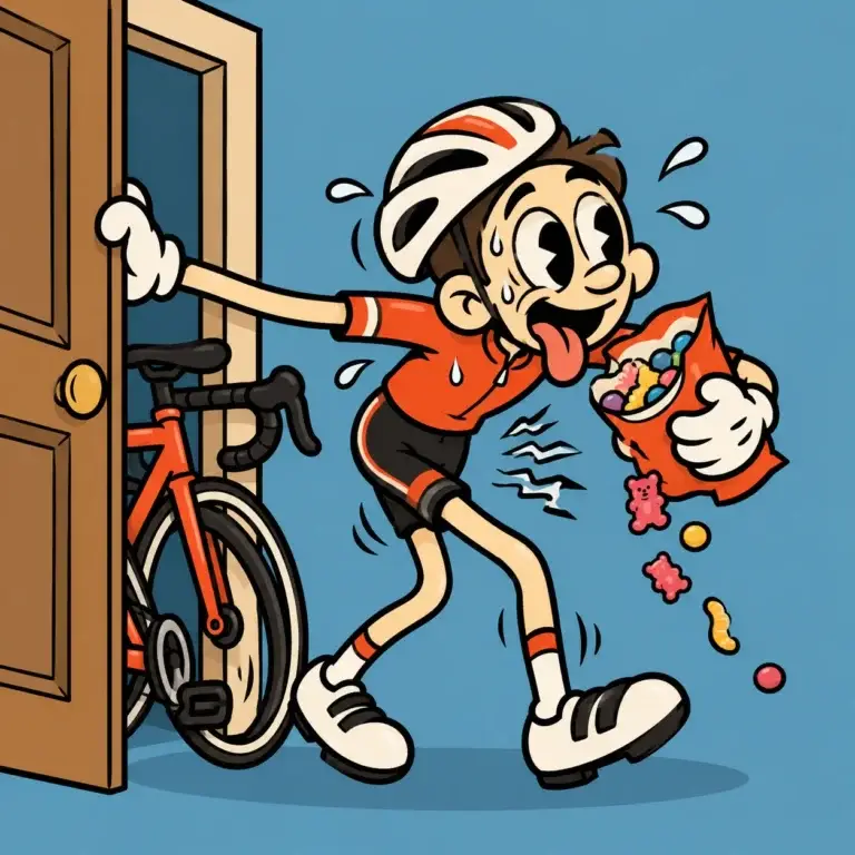 Cartoon cyclist having a sugar crash after cycling, staggering through the front door eating sweets from a bag