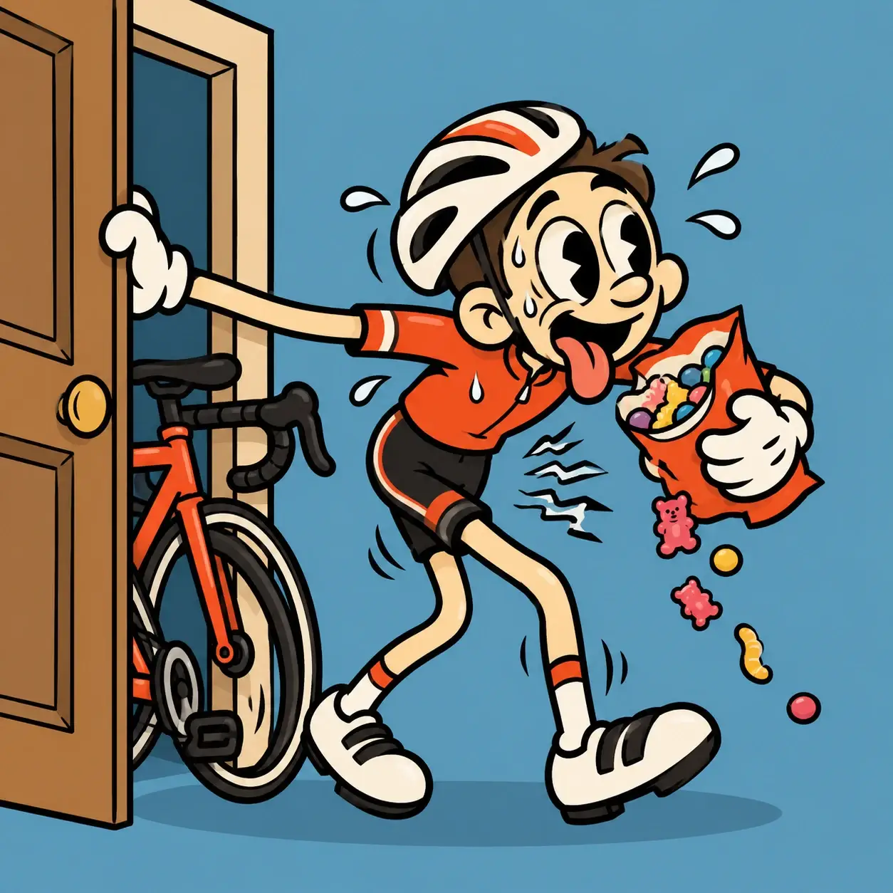 Cartoon cyclist having a sugar crash after cycling