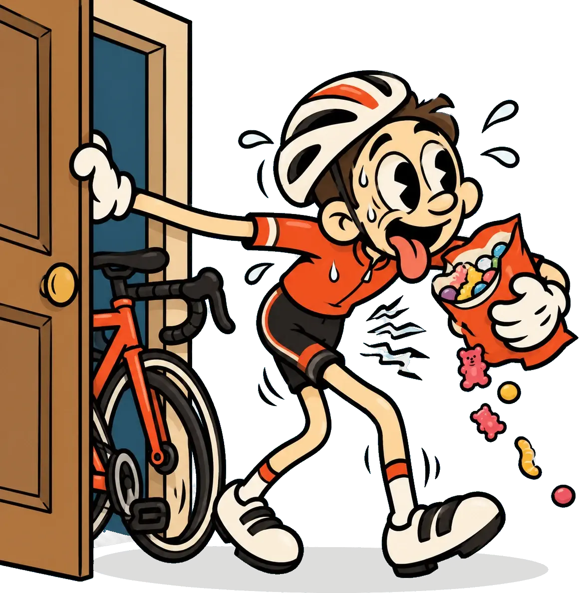 Cartoon cyclist having a sugar crash after cycling, staggering through the front door eating sweets from a bag