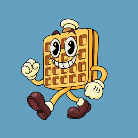Waffle and Watts mascot, a cartoon waffle walking